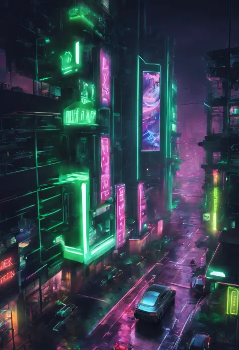 rua cyberpunk de noite com neon verde e carros futuristas, Buildings with realistic illuminated signs, Cinematic Isometric View, 8k, hdr, rgb, highes definition, vetorizado