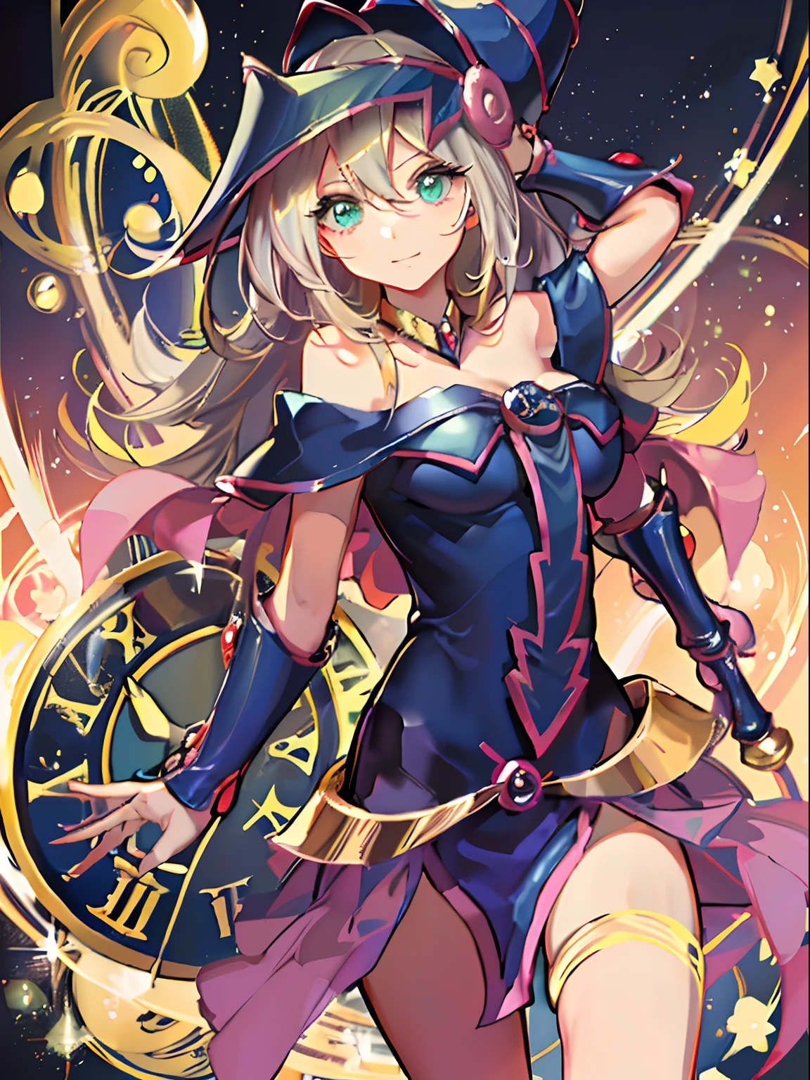niña dark magician girl, Casual clothes, Alas, starry sky, glowworm, Color, light smile, arm stretch, Look at the viewer, detailed face, Full body shot, silhouette, 8k, super detail, flash, To flourish, textured skin, heal, The best quality, high quality, High Resolutions, High details, intricate, absurdities, anatomically correct, Masterpiece.