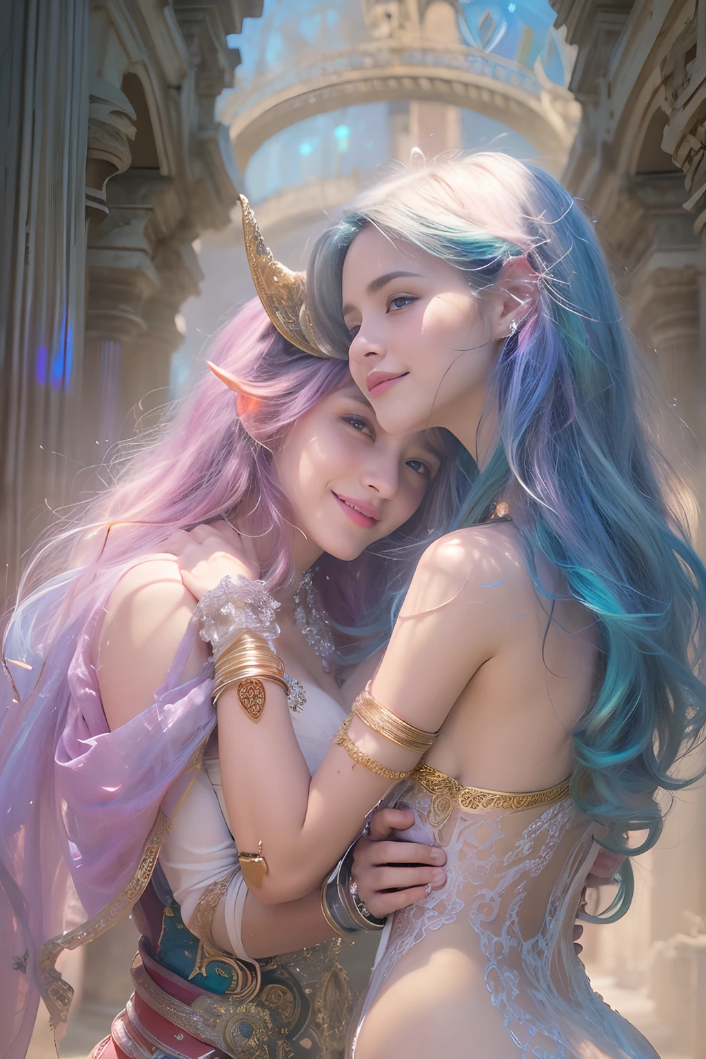 (Two beautiful teenage italian girls:1.6), Close friends, (They are hugging each other:1.2), Kiss her cheek or chest,(Detailed iridescent bodysuit with beautiful fractal or marble design:1.5)Incredible and spectacular scenes, ((High quality)), ((Detailed)), ((Fantasy)), Blue Plasma Brain, Green Plasma Body, Vulgarity, beutiful breast, (Open legs:1.4), obscenity, (Lewd smile:1.2), coarse, Obscene, mean, (raunchy:1.2), (Immoral:1.2), Lachish, (small breasts with beautiful raised pink areolas,,,:1.5), (Cameltoe), (Expression of ecstasy:1.2), Photorealistic, Official art, unity 8k wall paper, 8K Portrait, Best Quality, Very high resolution, (Incredibly beautiful nature background:1.6), (18 years old:1.5), (Sexy and glamorous:1.1), (A coquettish expression:1.6), (seductively smiling:1.6), (Full body), (erotic posing:1.5), Beautiful seductive face, Portrait, (Thick eyebrows:1.5), (Big purple eyes:1.2), Beautiful eyes with fine symmetry, (Ultra detailed eyes:1.4), (High resolution eyes:1.1), Intimate face, (ultra detailed skin texture:1.4), White skin, pale skin, Perfect Anatomy, Thin, (Beautiful toned body:1.1), Hair Bow, (Moist skin:1.1), full of sweat, No makeup, dark circles, Good anatomy, Focus Face, good-looking, (Emilia Clark:0.6) (Emma watson:0.3),(Jennifer Connelly:0.4), (sensual face:1.5), Elegant face, Nice, Dolce, Blurred back((looks up)), ((Looking down)), (Around her neck is a simple necklace of exquisite workmanship), (Bioluminescence with brilliant brilliance:1.3), (Use fancy flame magic:1.2), (Swirling flames), The Great Temple of the Devil, The Devil's Grand Shrine, great temple, great cathedral, temple ruins, detached temple, (Luminous magic circle), Ruins of an ancient castle, Shining majestic cloud masses and sky, lightning bolt, Epic Realistic, Faded, Art Book, (Greg Rutkowski:0.8), (teal and orange:0.4), (Art Station:1.5), Cinematic, ((Neutral colors)), (nffsw:1.5), (Muted colors:1.2), Hyper Detailed, Dramatic light, (Intricate details:1.1), Complex