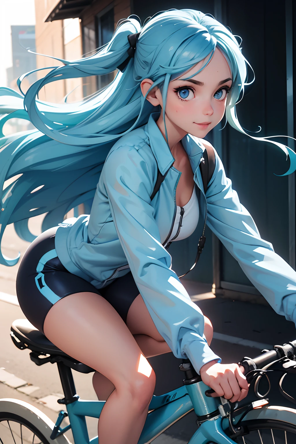  avec de longs cheveux bleu clair et des yeux et des sourcils bleus, Touwa Erio, faire du vélo avec un autre , pose de pédalage, Smiley, Tendances sur ArtStation pixiv, Artgerm sur ArtStation Pixi