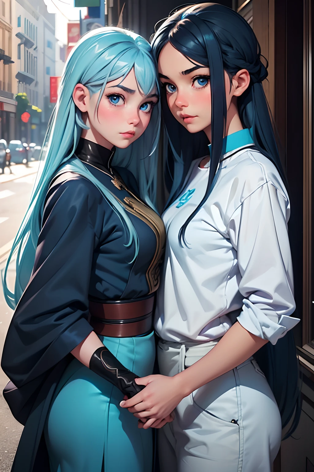 Chica con cabello largo azul claro y ojos y cejas azules., touwa erio, pose de pareja (chica + chica), (second chica), chica with blue eyes and long dark blue hair, tendencia en artstation pixiv, Artgerm en ArtStation Pixi