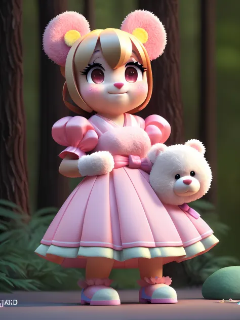 A teddy bear lady in a pink dress stands in the woods, 3D model of a Japanese mascot, Maya 8 K, anime lush john 8k woods, 3 d character, 3d character, Diego 5, 3D model Pixar rendering, an animated character, 3 d character render, Fanart, movie character, ...