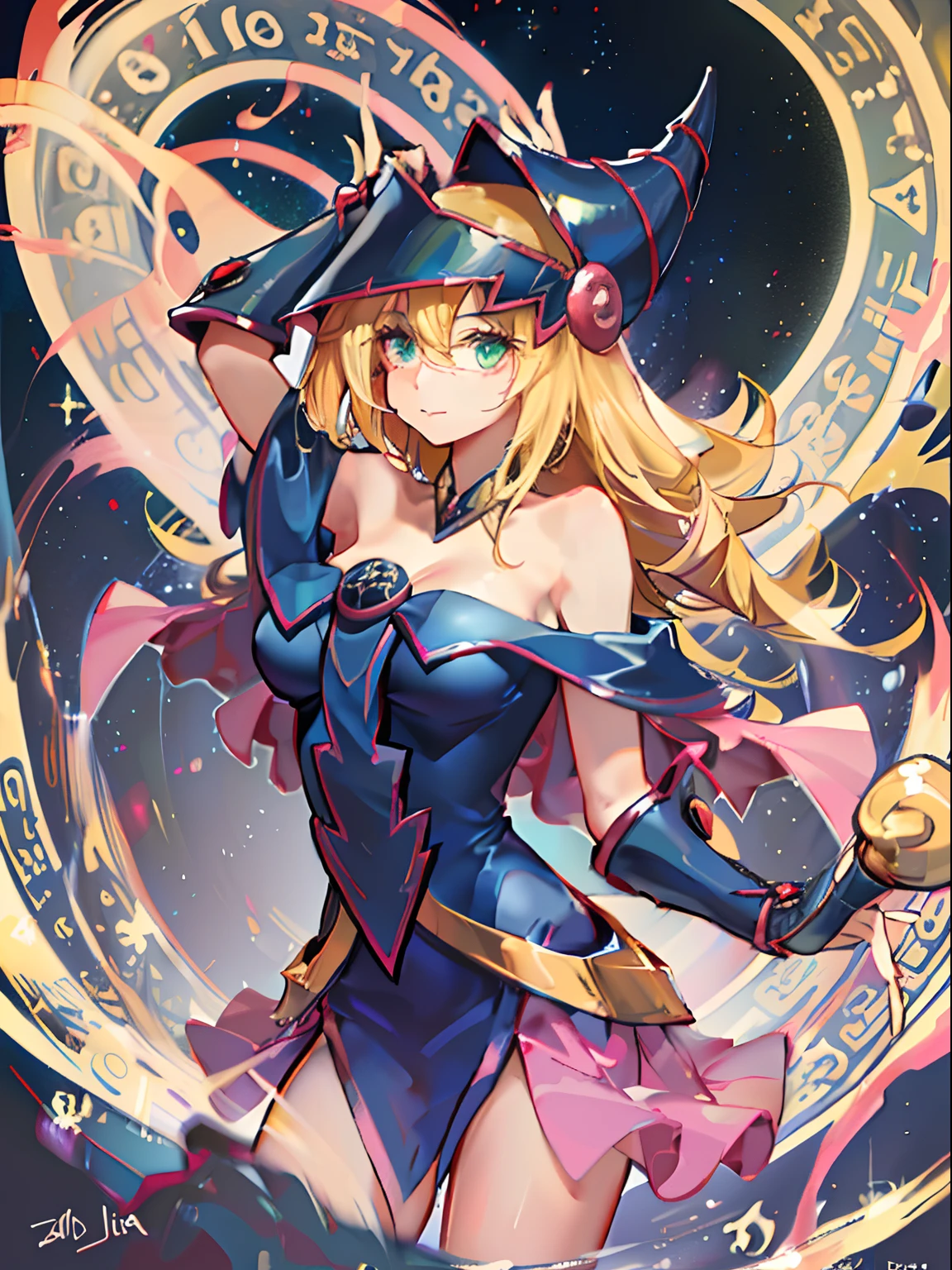 niña dark magician girl, Ropa casual, alas, cielo estrellado, luciérnaga, De color, sonrisa ligera, Estiramiento del brazo, Mira el visor, Cara detallada, Toma de cuerpo completo, Silueta, 8k, súper detalle, destellar, florecer, piel texturizada, sanar, La mejor calidad, alta calidad, Altas Resoluciones, Detalles altos, intrincado, absurdos, anatómicamente correcto, Obra maestra.