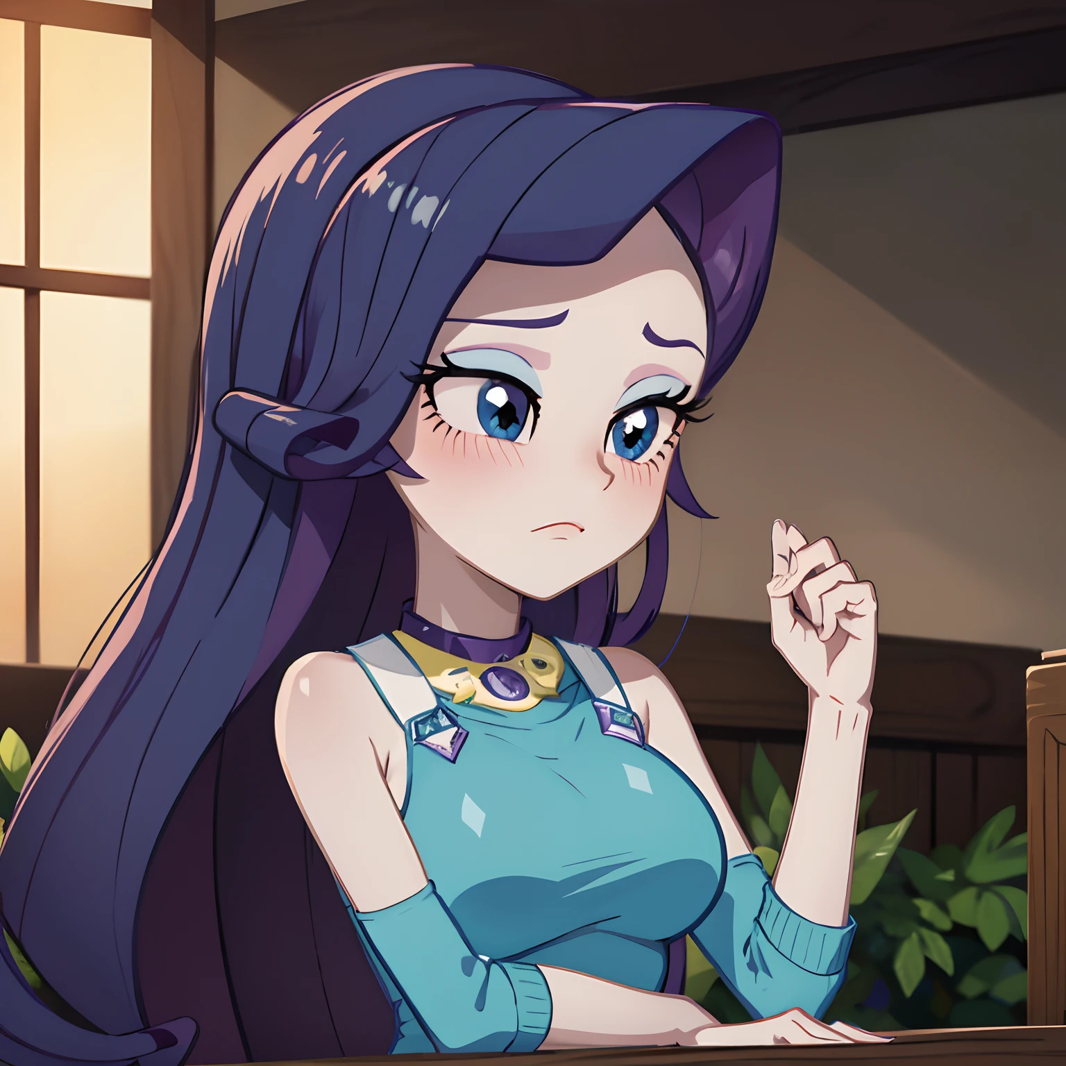 Rarity, Rarity, My little pony, big breasts, huge breasts, elastic breasts, Luxurious hairstyle, purple hair, curved shapes, Long fur,mini skirt Revealing costume, anime costume, revealing outfit, Footwear, You can see the chest, palace, The best quality, Very dative case, 8k, rarity Equestria girls,sexy ,curvy,cute , blush