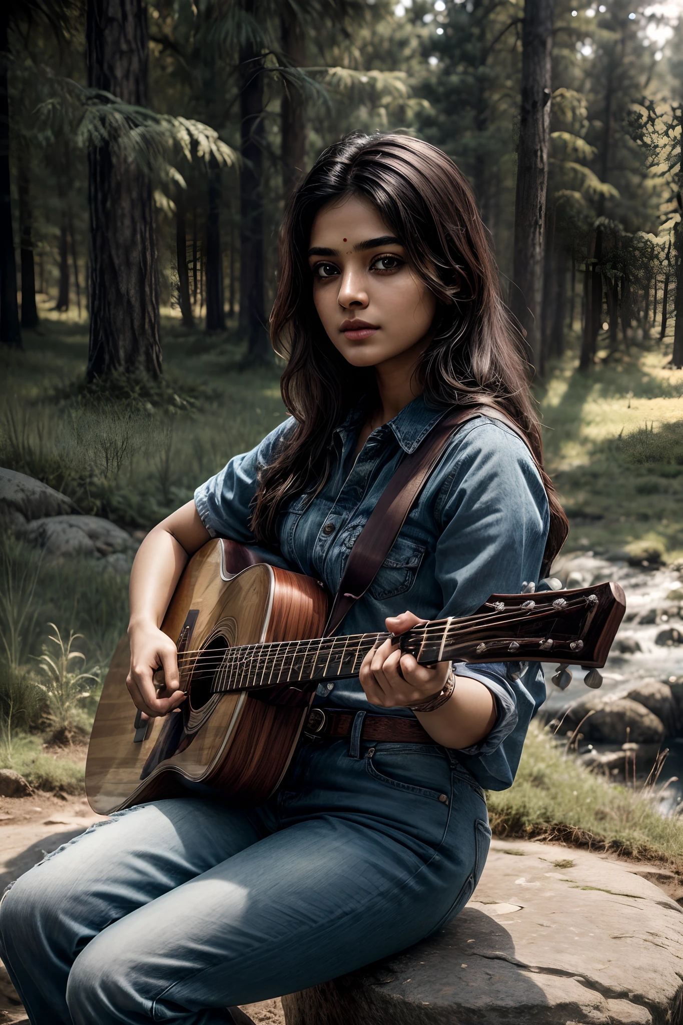 (masterpiece, best quality, realistic, detailed), portrait, (symmetrical:1.2),dramatic, film grain, 1 beautiful young indian woman, beautiful eyes, real skin texture, highly detailed skin, looking at viewer, casual clothes, jeans pant, sitting on a rock, holding a guitar, outdoors, trees, grass, green bushes, on shot on Fujifilm Superia 400, particles, soft rays,cinematic composition