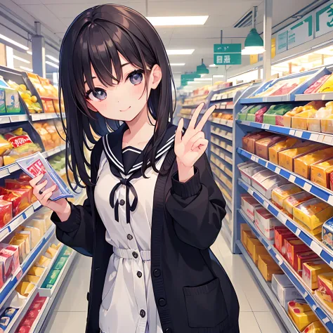 girl with、1 persons、Dark hair、Black eyes、length hair、A smile、Pupils、a sailor suit、Cardigan、supermarket、shopping