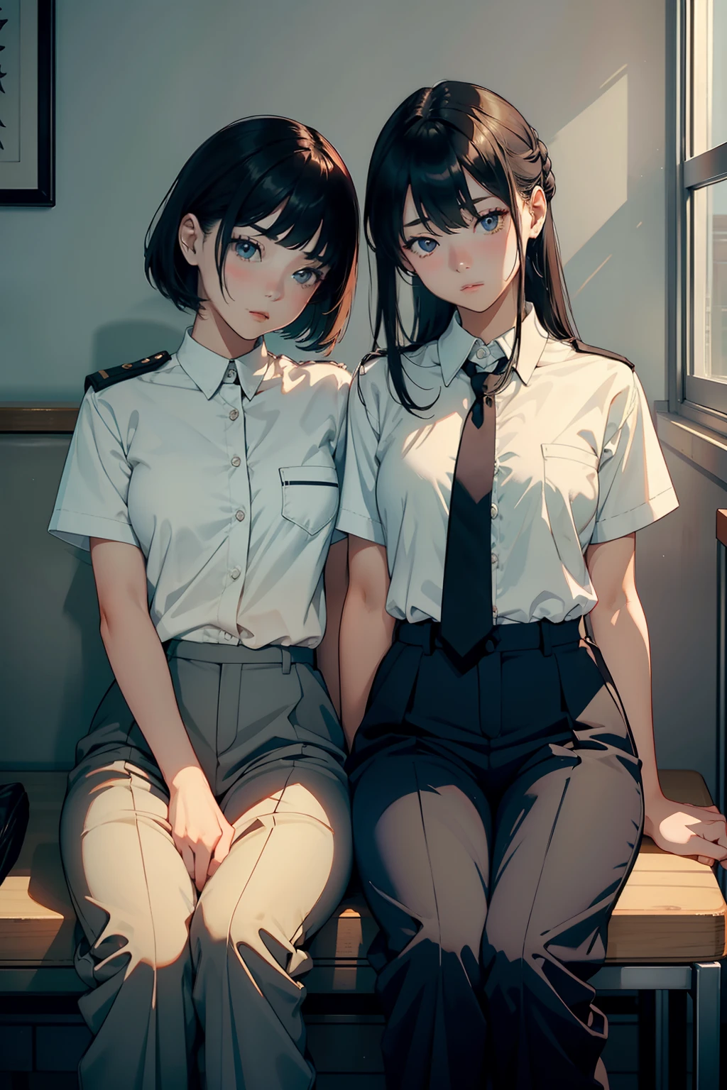 top-quality　​masterpiece　female and female couples　Girl sitting on a chair wearing underwears。girls hugging each other from behind。girls wearing high school long pants uniforms with mash cut hairstyles。Without glasses、Revenge relationship, intimate, masturbation