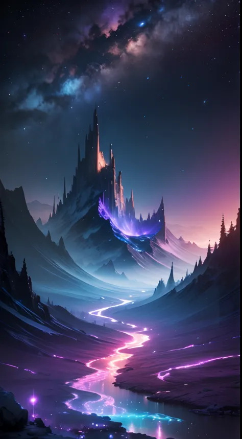 ((masterpiece)), best quality, cosmic landscape, glowing river, (magical glow), fantasy, crazy, surreal, spectral, radioactive, night, starry sky, milkway, purple, ciano glow, epic, breath taking, mountain, crystals, cool colors, 4k, traced lights, magical...