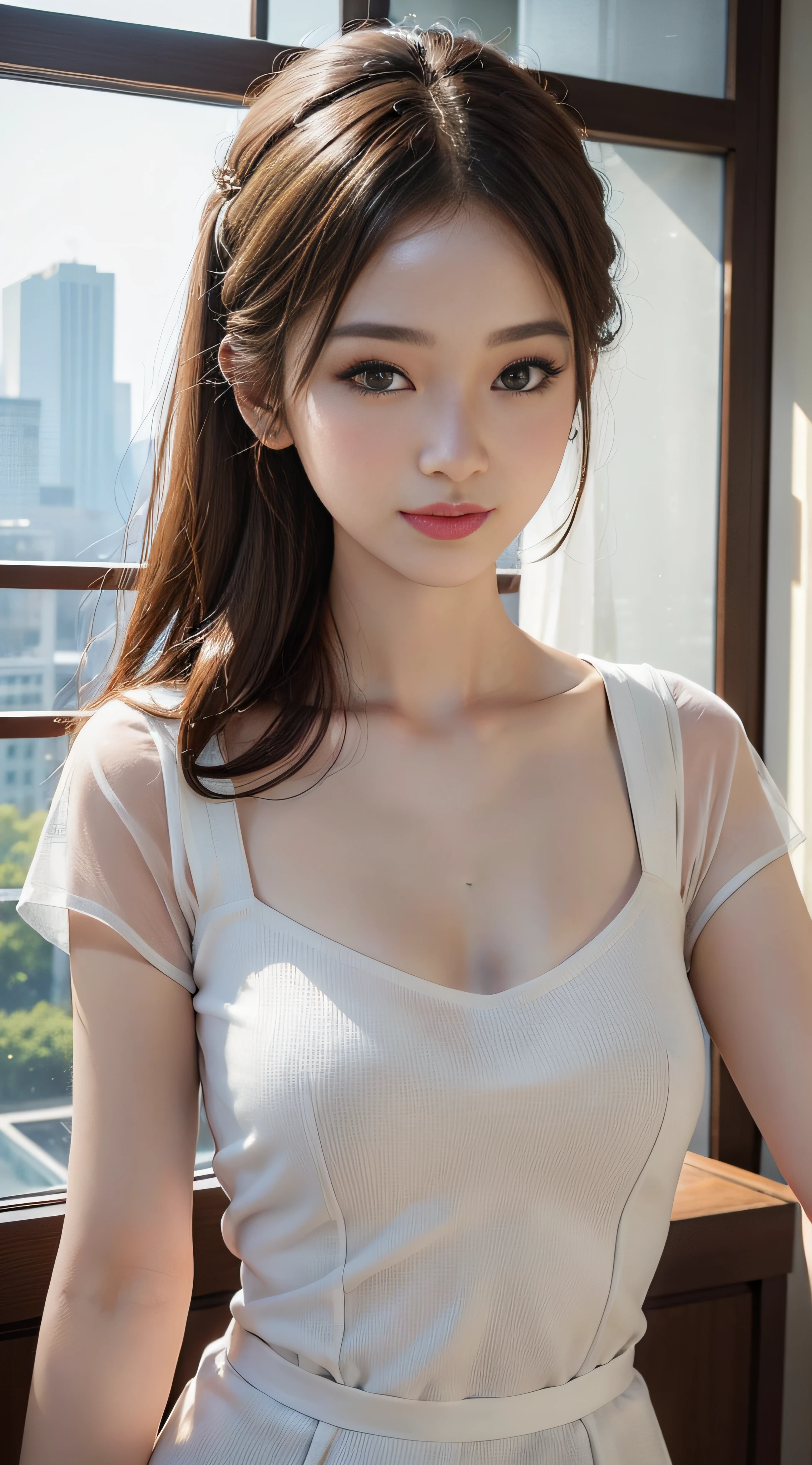 ​masterpiece、Top image quality:1.2、((beautiful young woman with))、Transparent skin:1.2、{A slight smil}、(kawaii)、Short sleeve knit:2.0、luxury hotel、depth of fields、Sharp Focus:3.0、Fine details、The chest is sheer、Hands posed over head、Show the armpits