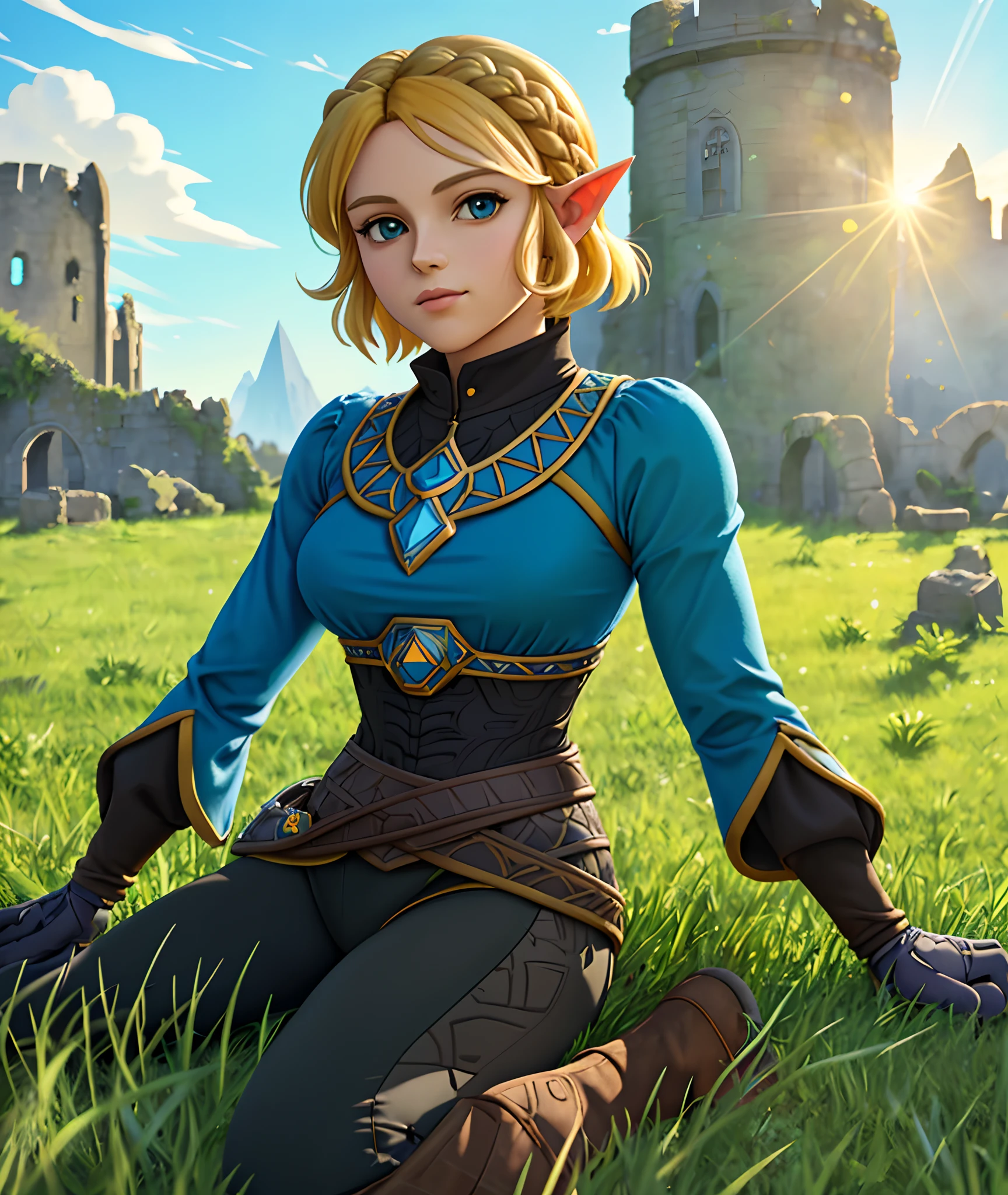 [Princess Zelda], ((masterpiece)), ((HD)), ((High Quality)), ((solo portrait)), ((front view)), ((anime)), ((beautiful render art)), ((cel shading)), ((detailed shading)), ((intricate details)), {(beautiful woman), (pointed ears), cute blue eyes, short yellow hair, braided hair, (small boobs), (short eyelashes), (expressionless), (beautiful lips), (gorgeous hips), (beautiful defined legs)}, {(blue long-sleeve shirt), (tight black spandex pants), (brown knee-high boots)}, {(on grass), (sitting), (laying on side), (looking at viewer)}, [Background; (castle ruins), (grass plans), (orange sky), (bright sun), (sun rays)]