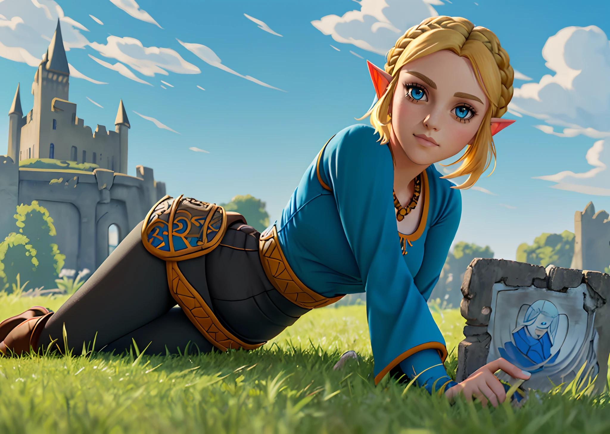 [Princess Zelda], ((masterpiece)), ((HD)), ((High Quality)), ((solo portrait)), ((front view)), ((anime)), ((beautiful render art)), ((cel shading)), ((detailed shading)), ((intricate details)), {(beautiful woman), (pointed ears), cute blue eyes, short yellow hair, braided hair, (small boobs), (short eyelashes), (expressionless), (beautiful lips), (gorgeous hips), (beautiful defined legs)}, {(blue long-sleeve shirt), (tight black spandex pants), (brown knee-high boots)}, {(on grass), (sitting), (laying on side), (looking at viewer)}, [Background; (castle ruins), (grass plans), (orange sky), (bright sun), (sun rays)]