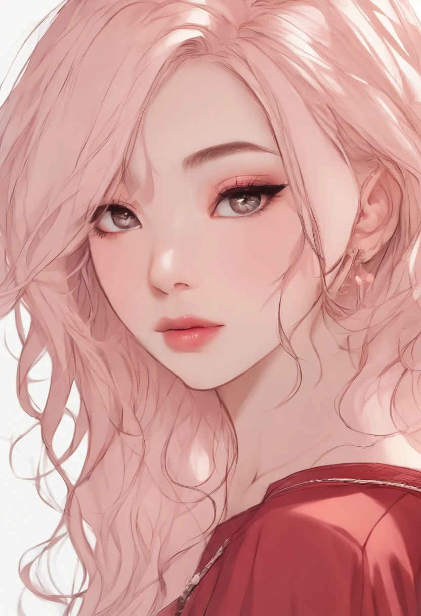 Kizi, wavy light pink hair, seducing gaze, pink eyes, black clothing, Egirl, profile pic, angry face, Realistic Anime, red artistic eyeliner, collar with metal spikes