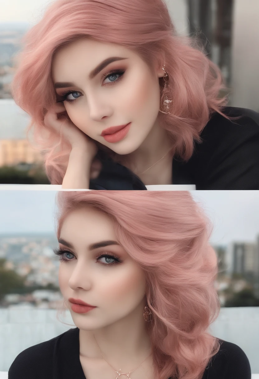 A woman with pink hair and a black top posing for a picture - SeaArt AI