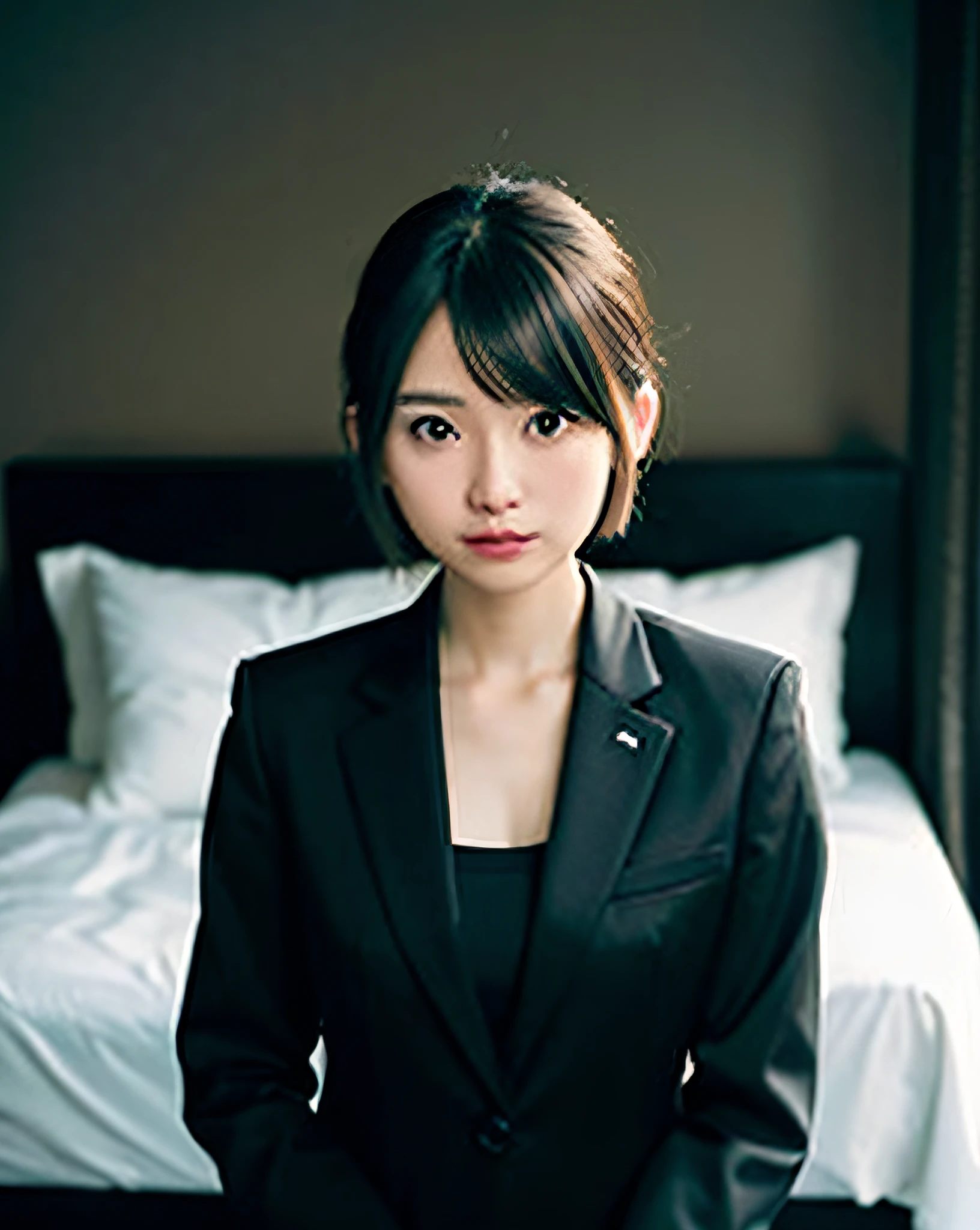 Woman In Black Suit Sitting On Bed In Bedroom With White Sheets Seaart Ai 