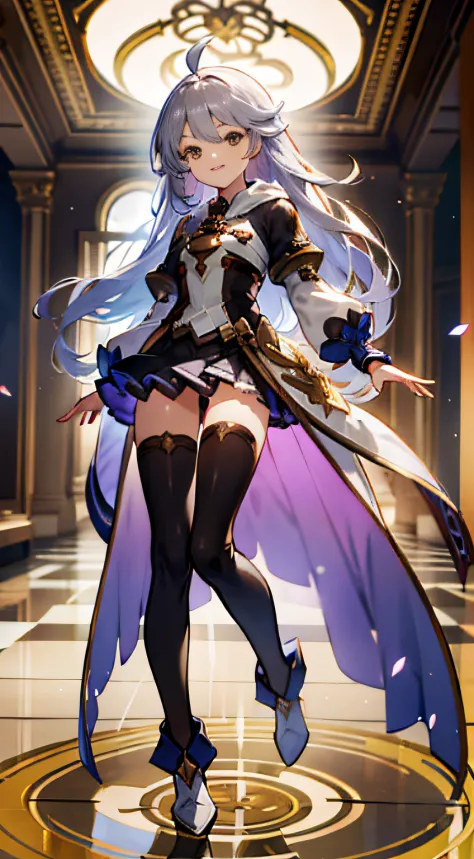 granblue fantasy style, granblue fantasy style, granblue fantasy style, whole body, from bellow,ceiling,looking at viewer, head_tilt, petite, girl,woman,female, mature,30 years old, very long hair, flipped hair, white and silver hair, flowing hair, ahoge, ...