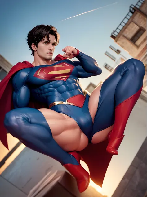 Use deep, dramatic shadows to emphasize the contours of Superman's muscles, enhancing the sensuality and definition of his physique.(masterpiece, best quality), Herny Cavill as superman, muscular, blue eyes, complex, (rooftop), full body, superman costume,...