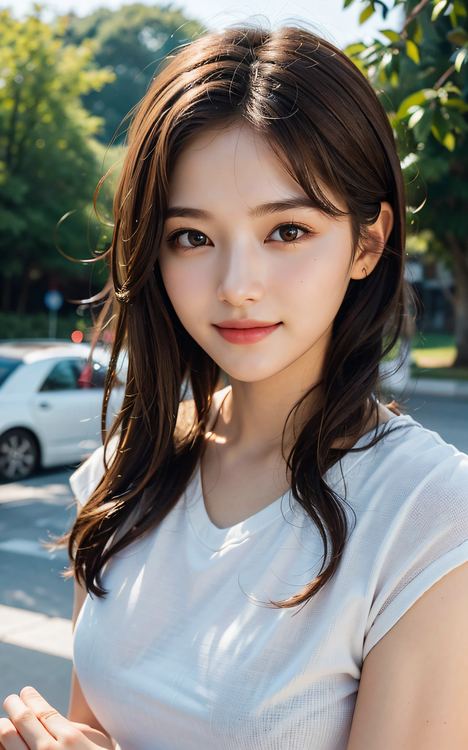 (Masterpiece:1.3), (8k, Photorealistic, RAW Photography, Best Quality: 1.4), soft light, professional lighting, 1girl,  16 years old, neat and clean beauty, shy, smile, Brown Medium hair,  (random hairstyles :1.2), outdoors