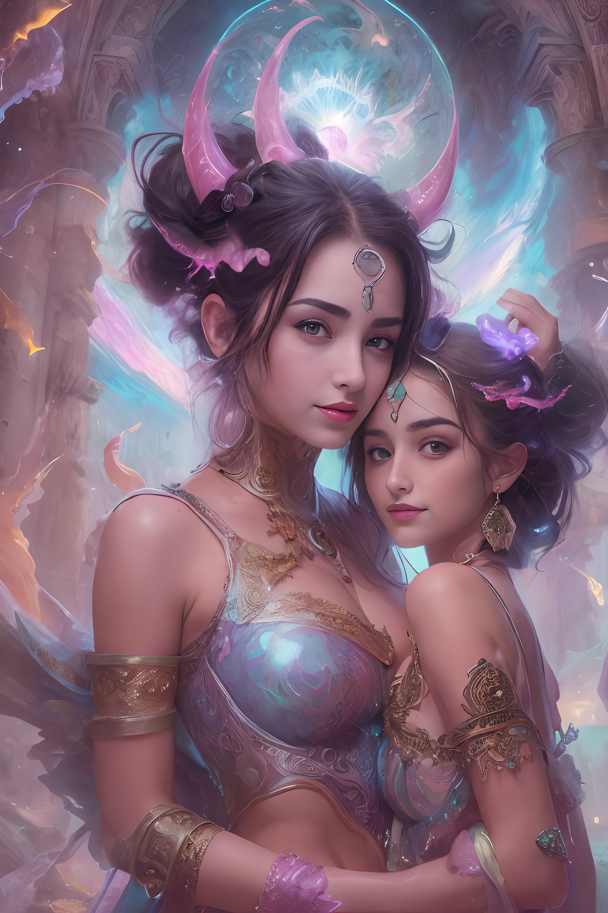 (Two beautiful teenage italian girls:1.6), Close friends, (They are hugging each other:1.2), Kiss her cheek or chest,(Detailed iridescent bodysuit with beautiful fractal or marble design:1.5)Incredible and spectacular scenes, ((High quality)), ((Detailed)), ((Fantasy)), Blue Plasma Brain, Green Plasma Body, Vulgarity, beutiful breast, (Open legs:1.4), obscenity, (Lewd smile:1.2), coarse, Obscene, mean, (raunchy:1.2), (Immoral:1.2), Lachish, (small breasts with beautiful raised pink areolas,,:1.5), (Cameltoe), (Expression of ecstasy:1.2), Photorealistic, Official art, unity 8k wall paper, 8K Portrait, Best Quality, Very high resolution, (Incredibly beautiful nature background:1.6), (18 years old:1.5), (Sexy and glamorous:1.1), (A coquettish expression:1.6), (seductively smiling:1.6), (Full body), (erotic posing:1.5), Beautiful seductive face, Portrait, (Thick eyebrows:1.5), (Big purple eyes:1.2), Beautiful eyes with fine symmetry, (Ultra detailed eyes:1.4), (High resolution eyes:1.1), Intimate face, (ultra detailed skin texture:1.4), White skin, pale skin, Perfect Anatomy, Thin, (Beautiful toned body:1.1), Hair Bow, (Moist skin:1.1), full of sweat, No makeup, dark circles, Good anatomy, Focus Face, good-looking, (Emilia Clark:0.6) (Emma watson:0.3),(Jennifer Connelly:0.4), (sensual face:1.5), Elegant face, Nice, Dolce, Blurred back((looks up)), ((Looking down)), (Around her neck is a simple necklace of exquisite workmanship), (Bioluminescence with brilliant brilliance:1.3), (Use fancy flame magic:1.2), (Swirling flames), The Great Temple of the Devil, The Devil's Grand Shrine, great temple, great cathedral, temple ruins, detached temple, (Luminous magic circle), Ruins of an ancient castle, Shining majestic cloud masses and sky, lightning bolt, Epic Realistic, Faded, Art Book, (Greg Rutkowski:0.8), (teal and orange:0.4), (Art Station:1.5), Cinematic, ((Neutral colors)), (nffsw:1.5), (Muted colors:1.2), Hyper Detailed, Dramatic light, (Intricate details:1.1), Complex b