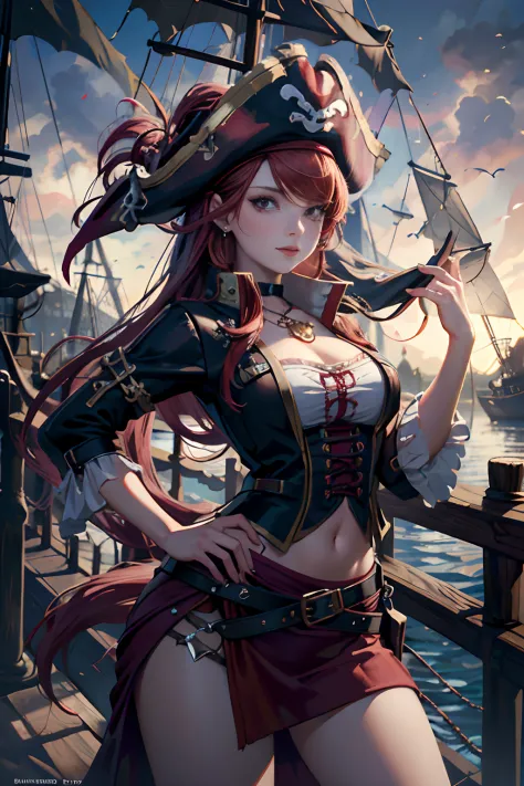 （8K quality），English woman,1girll,Lovely and beautiful Fas,28 year old,Red hair,double tails, Practical pirate clothing, (Long-sleeved pirate top), Skirt,Torn pirate hat, view the viewer, fantasy,(Pirate ship),Cinematic lighting,Masterpiece,（Precision made...