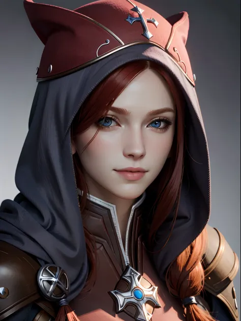 (masterpiece, best quality)
LelianaDA, 1girl, solo, long hair, smile, blue eyes, red hair, hat, happy close mouth,side pose, upper body, hood, lips, looking to the side, cross, portrait, realistic, devine