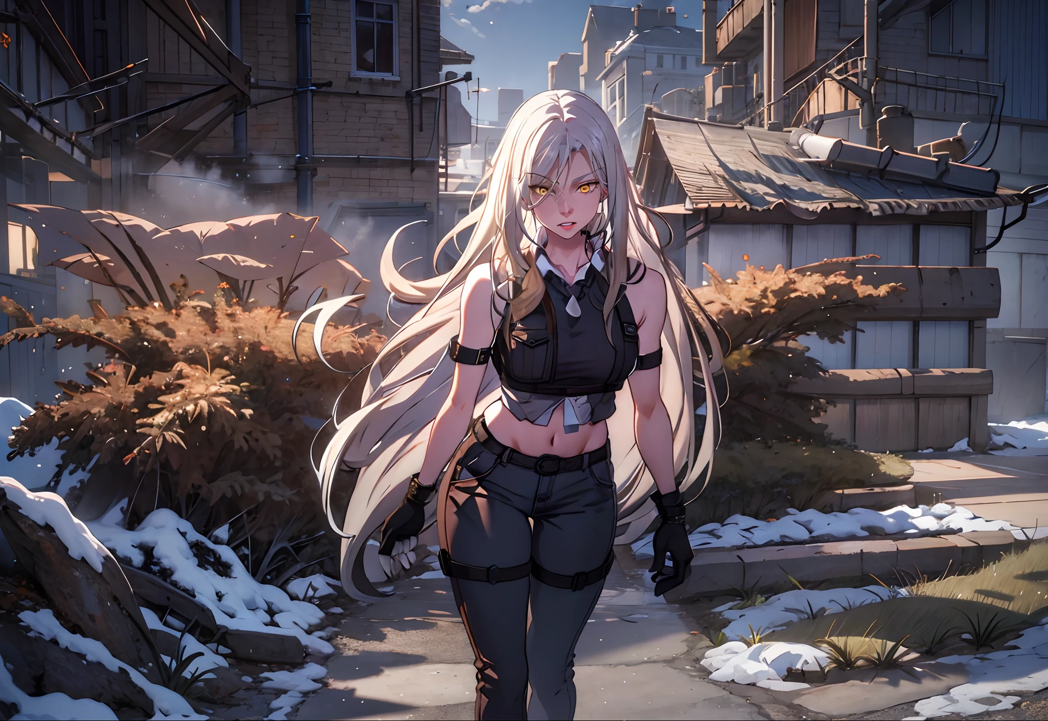 (white hair, long hair:1.6), yellow eyes, masterpiece, best quality, mature female, 1girl, gloves, pants, black_gloves, breasts, solo, navel, midriff, bare_shoulders, looking_at_viewer, black_pants, standing, building, fingerless_gloves, outdoors, sleeveless, medium_breasts, collarbone, glow effects, godrays, Hand drawn, render, 8k, octane render, cinema 4d, blender, dark, atmospheric 4k ultra detailed, cinematic, Sharp focus, big depth of field, Masterpiece, colors, 3d octane render, 4k, concept art, trending on artstation, hyperrealistic, Vivid colors, extremely detailed CG unity 8k wallpaper, trending on CGSociety, Intricate, High Detail, dramatic, glowing eye,