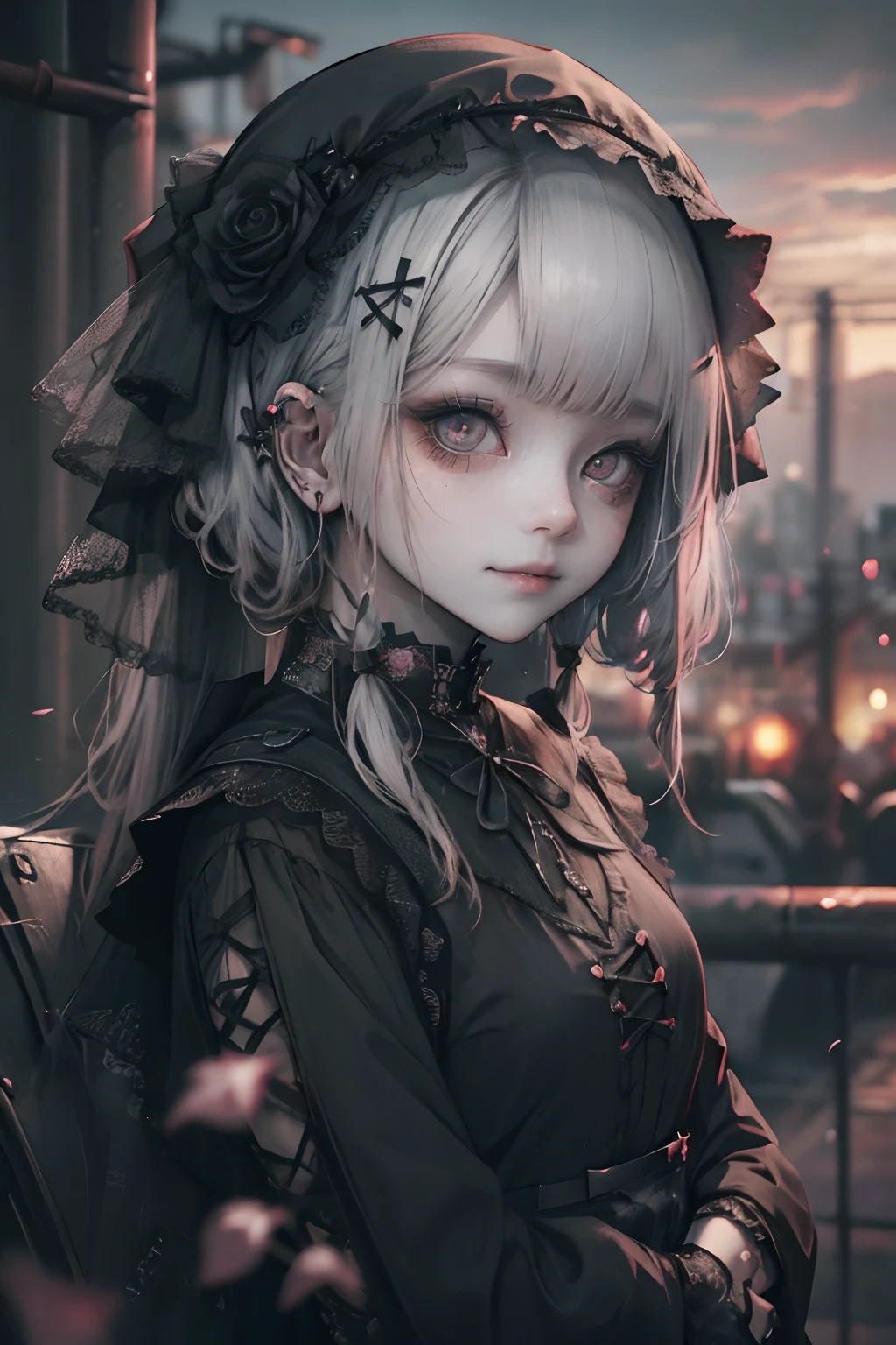 (smile:1.４）,(Looking at Viewer:1.4)、Red Gothic Lolita、bonnet、,(Face Focus),BREAK,、Beautie、wretched、Detailed eyes、Black eyes、Industrial Landscape、a blond、twin-tail hair、Black Dark Eyeshadow、Good skin luster、Particle、Rose petals、