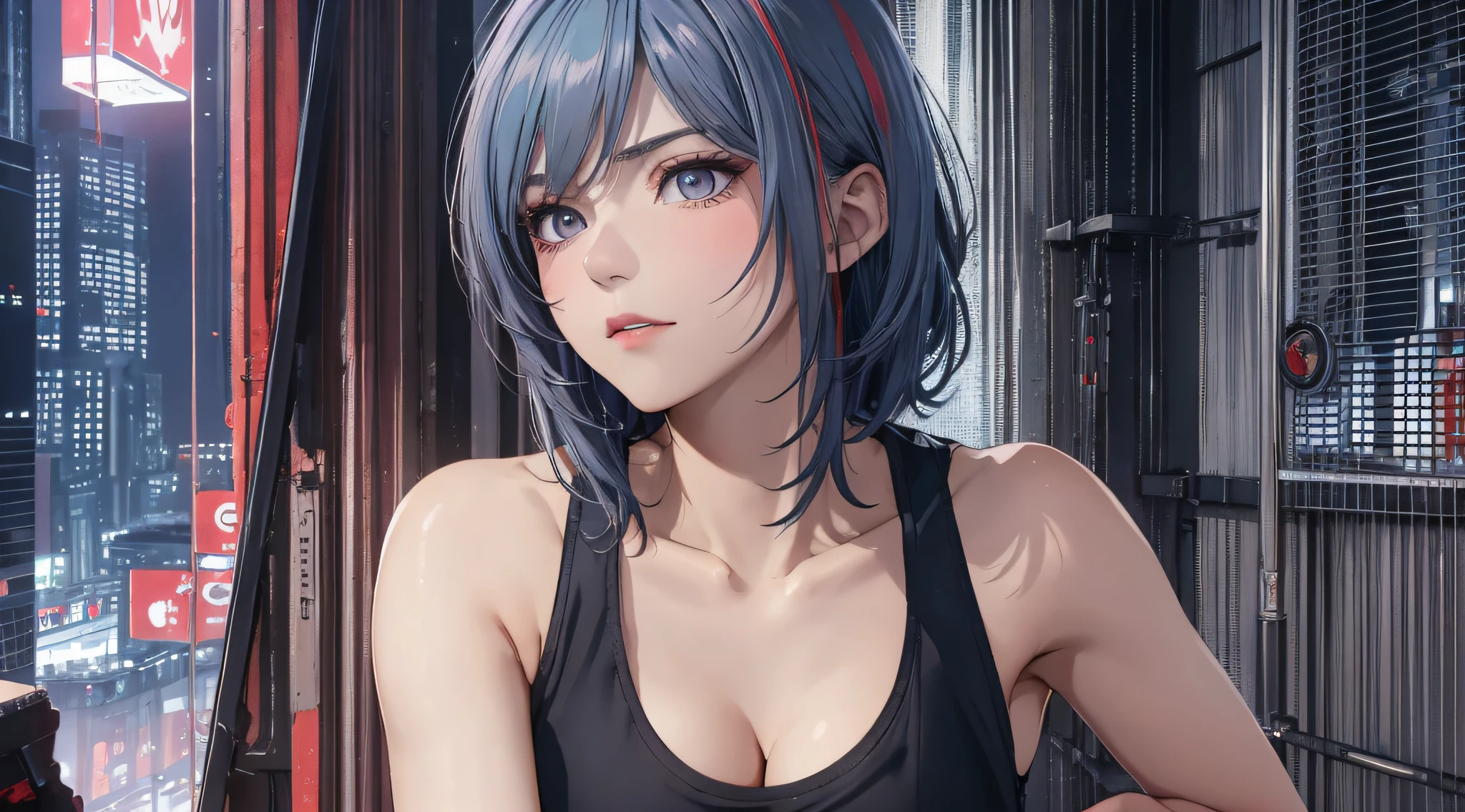 Sareme、(Incredibly beautiful villain woman in gray tank top:1.3))、((NSFW))、Asymmetrical ultra-short hair,、cleavage of the breast、a matural female、Very boyish and cool、sky blue hair,Red inner hair、Bedroom with cyberpunk night view、Great lighting、Small eyes、Black eyes、D-Cup Peak、serious facial expression