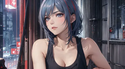 Sareme、(Incredibly beautiful villain woman in gray tank top:1.3))、((NSFW))、Asymmetrical ultra-short hair,、cleavage of the breast...