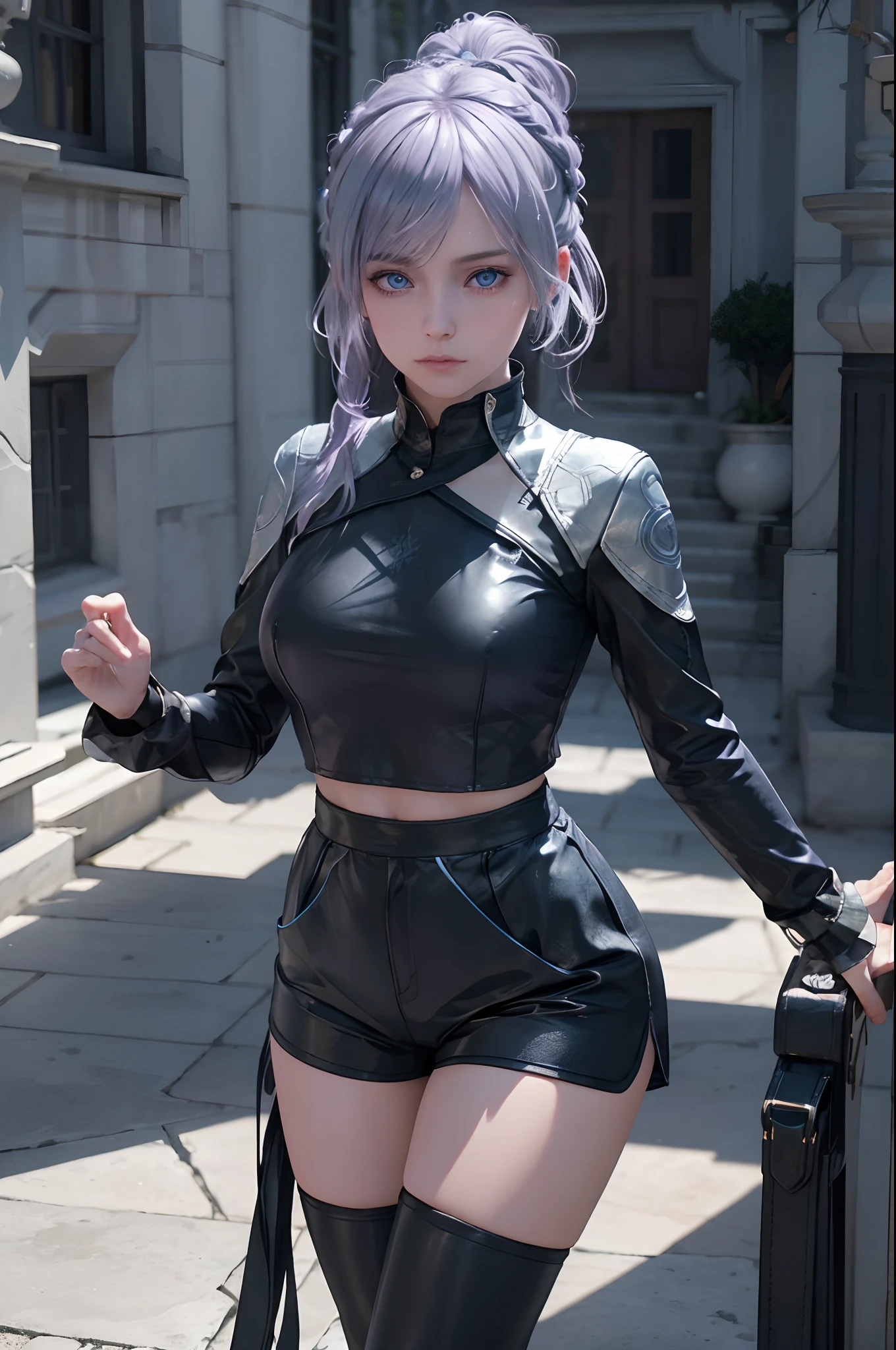 The tooltip for a given topic looks like this: "Girl with a European face, Aryan face, 20years old, Silvery-purple hair, pale purple-blue hair, Bright blue eyes, Her hair is tied up in a bun and falls to her right shoulder. Dressed in a comfortable leather suit, ((black shorts)), Black Leather Leggings, (((clothes in dark colors))), close-fitting clothes, (Best Quality, 4k, 8K, hight resolution, Masterpiece:1.2) Ultra-detailed features, including realistic, Photorealistic eyes and face. The figure shows the media (Insert Material) that resembles an illustration, oil painting, or 3D rendering. Girl in the garden with bright flowers and sharp focus, soft studio lighting. The overall atmosphere is calm and serene, with a touch of unearthly beauty. The color scheme is dominated by shades of black, Creating a dreamy and surreal aesthetic."