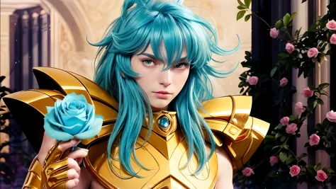 Cinematic stunningly detailed and ultra-realistic od Afrodite os pisces of Saint Seiya. Full body. He is wearing pretty realistic golden armor with a blue clock. Bright golden armor. Detailed gold armor. Octane is the perfect tool to capture the softest de...