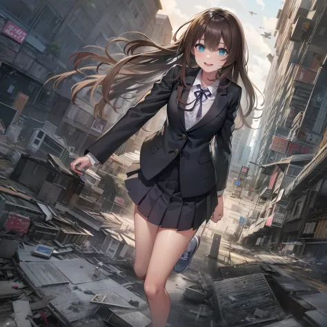 1girl, Solo, 50 meters tall, Bigger than the building, long hair, brown hair, bangs, blue eyes, Blazer, white shirt, black bow, ...