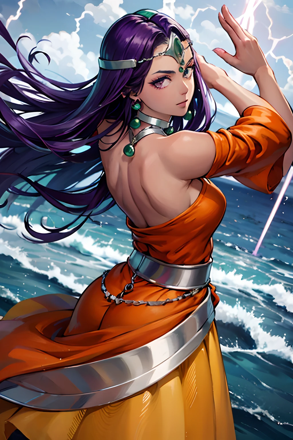 hight resolution、​masterpiece、1girl in、DQ Minnea, Purple hair、circlet, earrings, Choker, Bracelet, Orange dress、Being in a fierce storm、gust of wind、Shooting a curved blade of light from the hand、Light Green Magic Circle、A big tornado、Countless curved blades of light、Curved blade cuts through the air