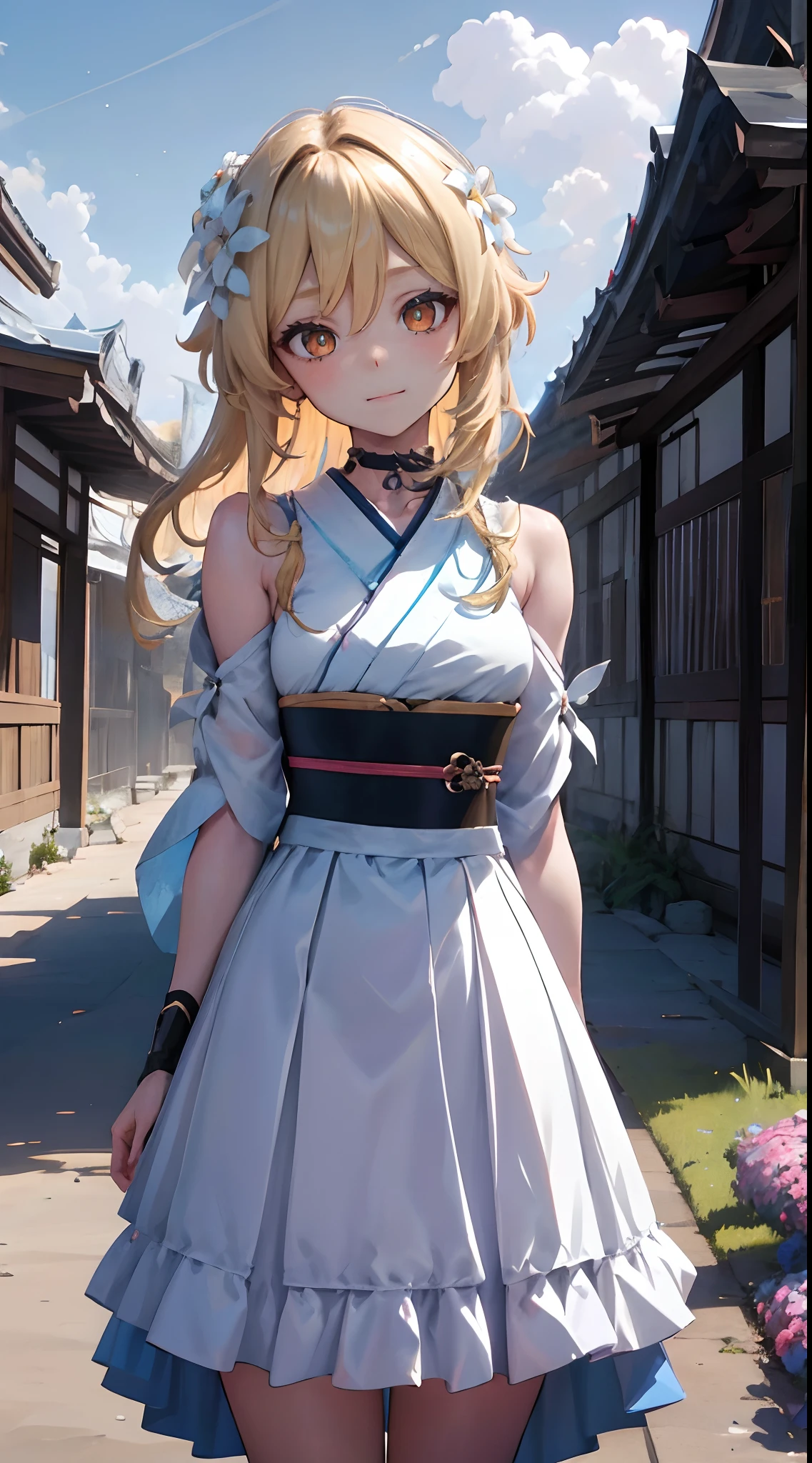 Lumine | genshin impact, master-piece, bestquality, 1girls,25 years old, proportional body, proportional., Hanbok ,bara, choker, arm behind back, Outdoor Stand, Challenge the middle of a beautiful flower javelin., shiny sky, View viewers from the front., Thigh strap, Head tilt, bored, 10, 10, HD, slight smile,