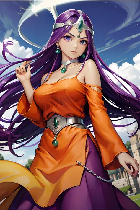 hight resolution、​masterpiece、1girl in、DQ Minnea, Purple hair、circlet, earrings, Choker, Bracelet, Orange dress、Being in a fierce storm、gust of wind、Shoot a curved blade of light from your hand、Light Green Magic Circle、A big tornado、Countless curved blades...