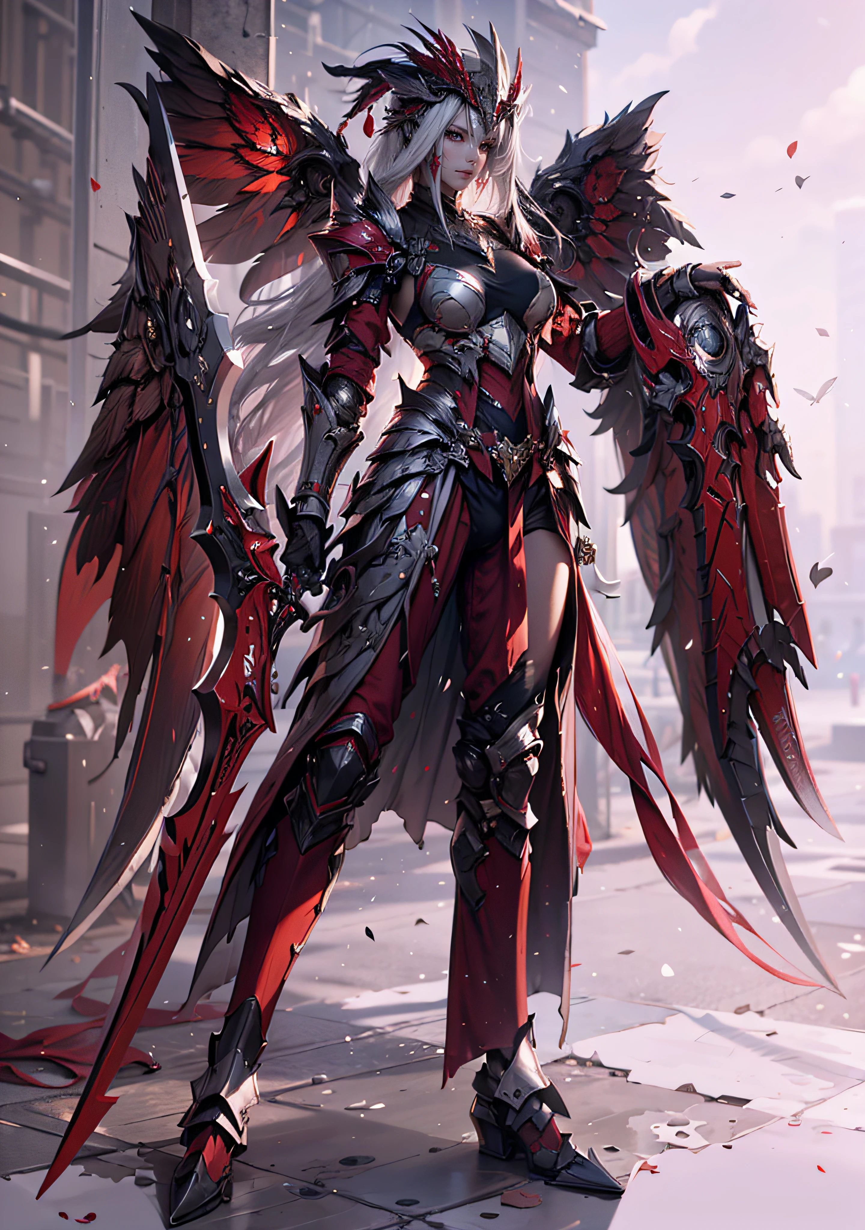 Dragoon armor，Perfect face，feathered headdresetal ornaments，Black underwear，Unreal 5，Double knife。white thighhig，A pair of big wings on the back