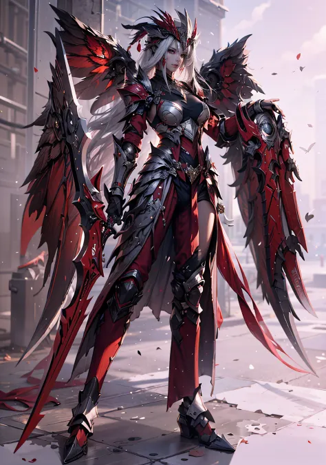 Dragoon armor，Perfect face，feathered headdress，Metal ornaments，Black underwear，Unreal 5，Double knife。white thighhig，A pair of bi...