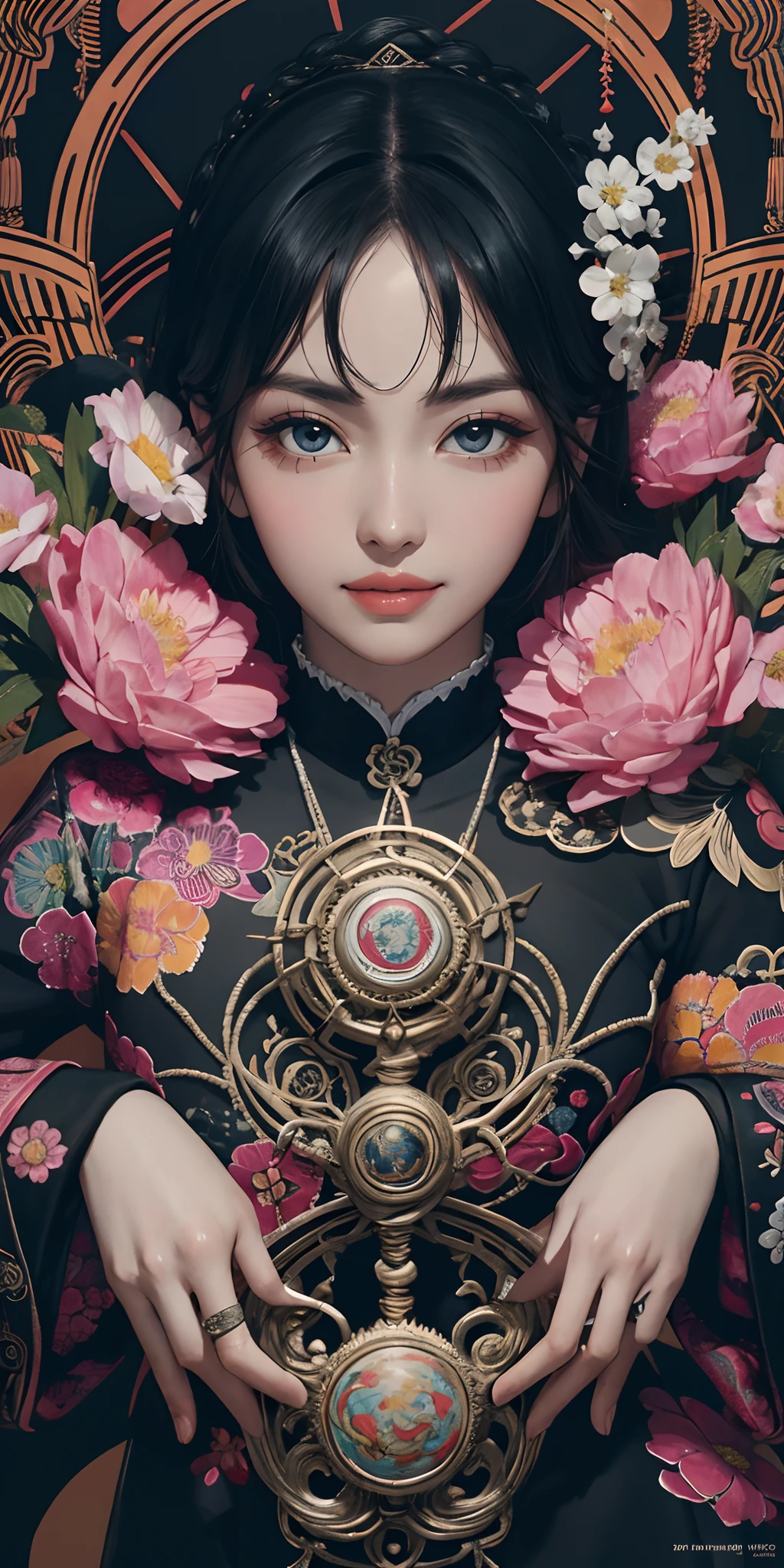 official art, unity 8k wallpaper, ultra detailed, beautiful and aesthetic, masterpiece, best quality, chinese style, (zentangle, mandala, tangle, entangle), ecstasy of flower, 1girl, extremely detailed, dynamic angle, cowboyshot, the most beautiful form of chaos, elegant, a brutalist designed, vivid colours, romanticism, by james jean, roby dwi antono, ross tran, francis bacon, michal mraz, adrian ghenie, petra cortright, gerhard richter, takato yamamoto, ashley wood, atmospheric