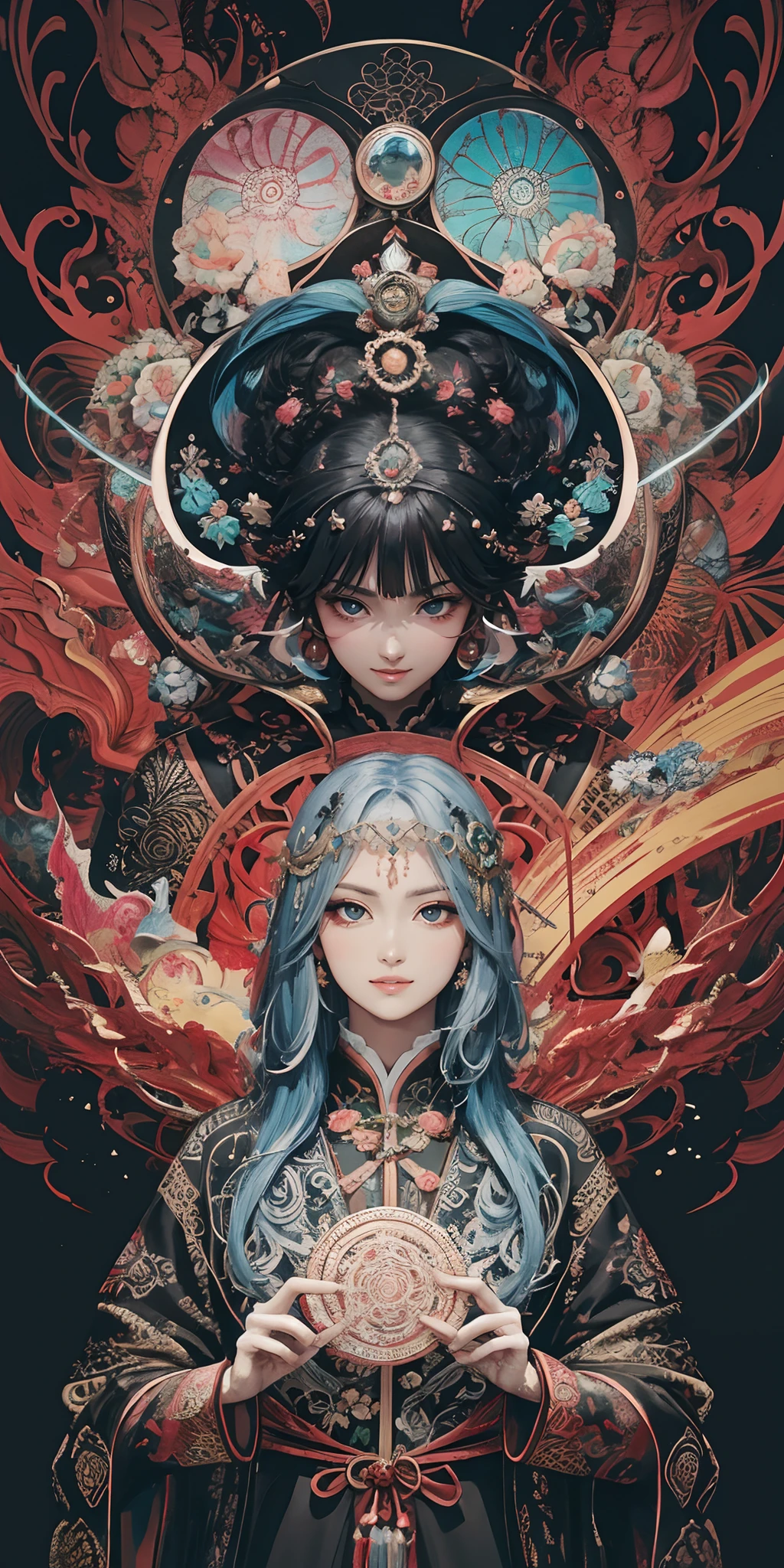 official art, unity 8k wallpaper, ultra detailed, beautiful and aesthetic, masterpiece, best quality, chinese style, (zentangle, mandala, tangle, entangle), ecstasy of flower, 1girl, extremely detailed, dynamic angle, cowboyshot, the most beautiful form of chaos, elegant, a brutalist designed, vivid colours, romanticism, by james jean, roby dwi antono, ross tran, francis bacon, michal mraz, adrian ghenie, petra cortright, gerhard richter, takato yamamoto, ashley wood, atmospheric
