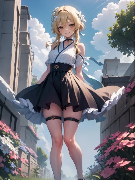 Lumine | genshin impact, master-piece, bestquality, 1girls,25 years old, proportional body, proportional., Hanbok ,bara, choker, arm behind back, Outdoor Stand, Flower in the middle of the flower, shiny sky, View viewers from the front., Thigh strap, Head ...
