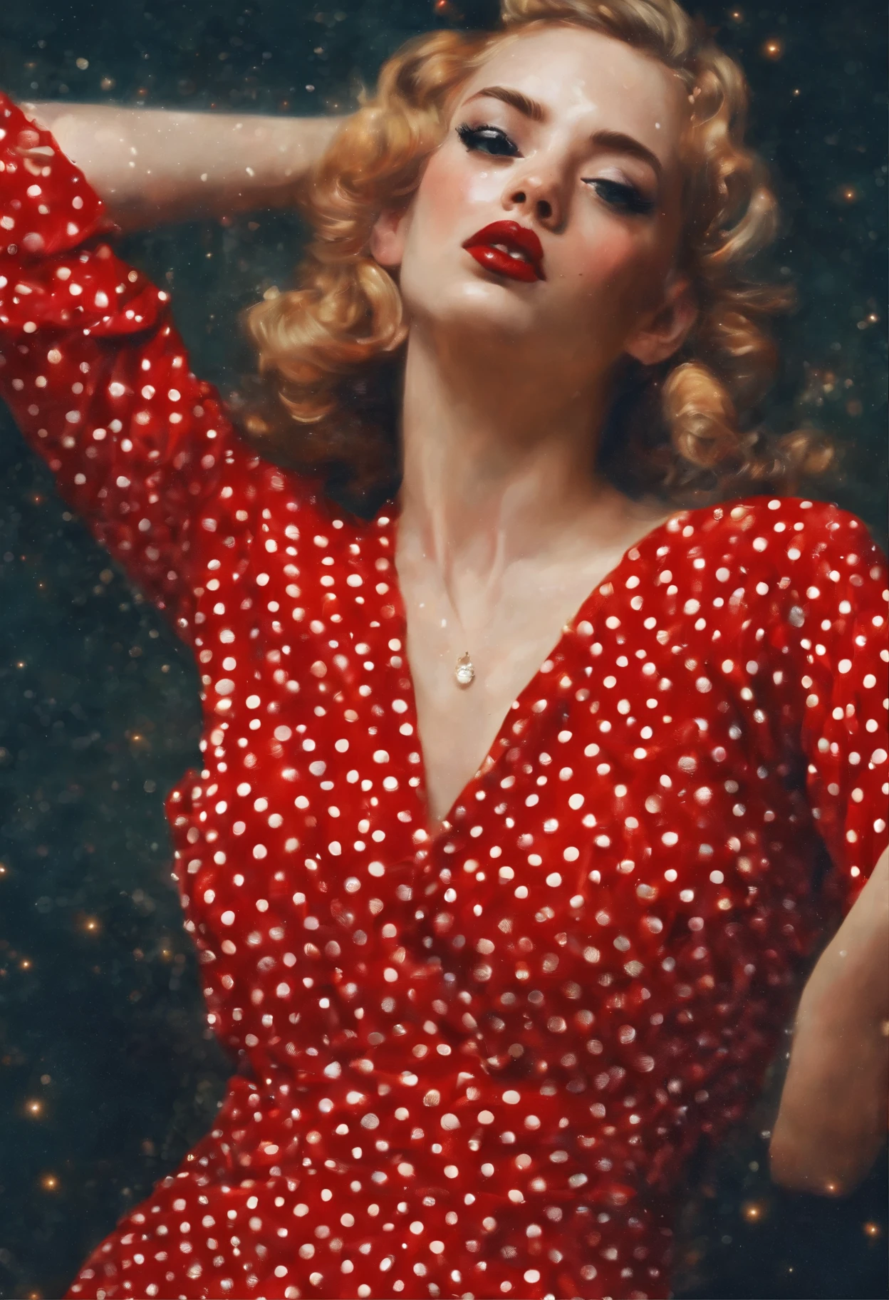 A close up of a woman in a red dress with polka dots - SeaArt AI