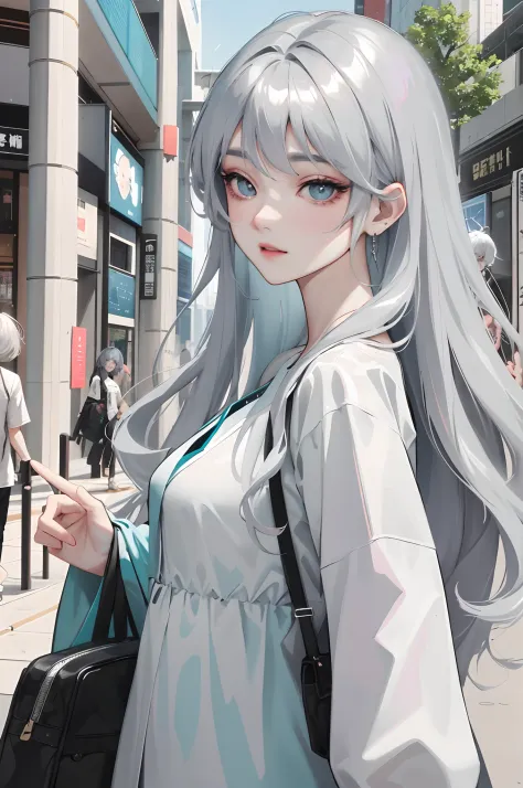 Absurdres, Masterpiece, Best quality, light colors, pastel colors, korean girl with Beautiful face , light grey hair , long semi curly with bangs, anime eyes, light teal eyes, winking face, semi casual clothes, city mall background, detailed background