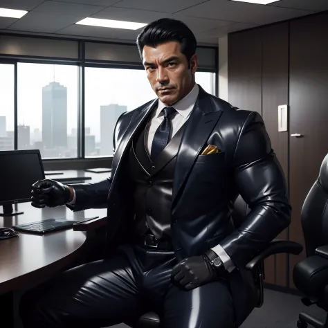 50 years old,daddy,shiny suit ,Dad sat on a chair,k hd,in the office,big muscle, gay ,black hair,asia face,masculine,strong man,...