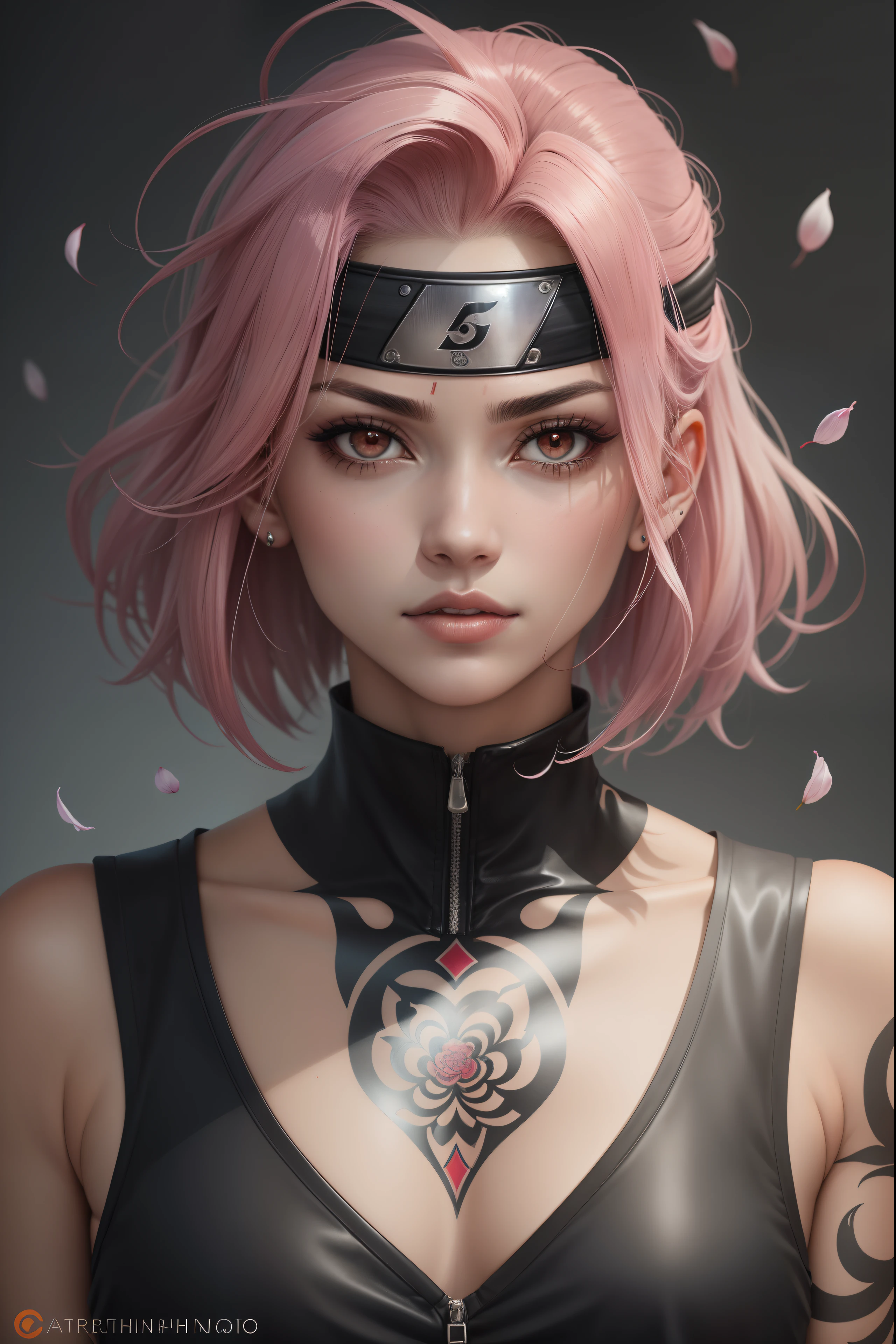 ("Sakura from Naruto ninja style with Sharingan look") (((LONG HAIR WITH BLACK STRIPES))) standing alone, Looking at Viewer, short hair, simple background, White background, jewelries, monocromatic, greyscale, aretes, separated-lips, lips, Petals, cilia, tatoo, make-up, watermark, penetrating, penetrating na orelha, portraite, digitl art
