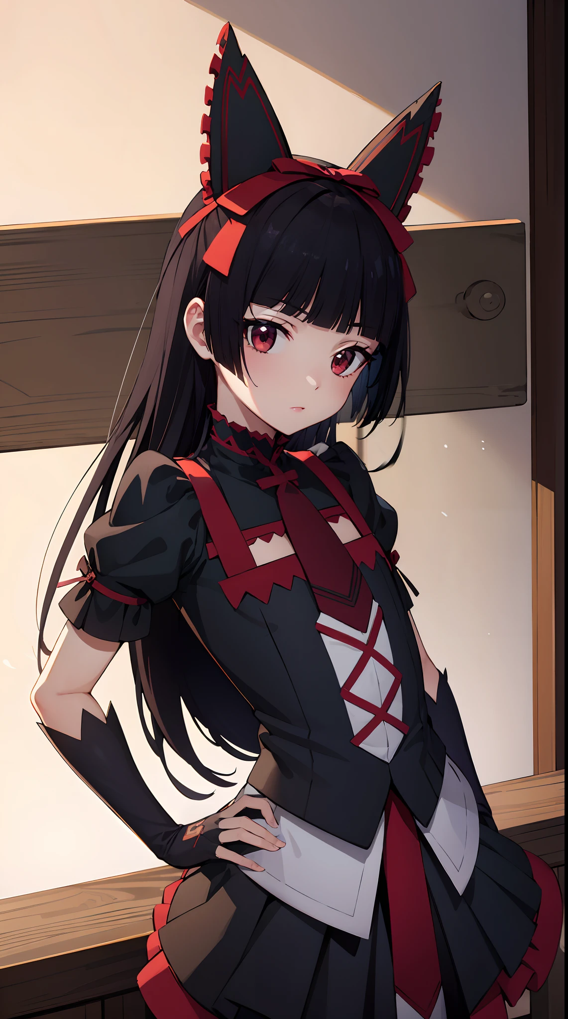 Anime girl with long black hair and red ears in a black and white outfit -  SeaArt AI