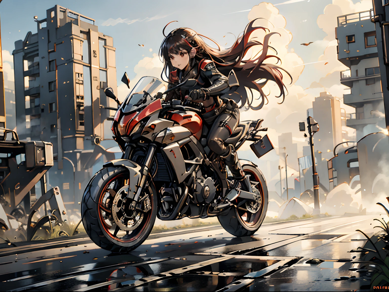 (Best Quality,4K,High resolution), high-level image quality、High quality pixels、Resolution up、Female rider riding motorcycle on public road、Intricately decorated red rider jacket、Navel Ejection、Tight leather pants、cross belt、Long hair with red highlights on black hair、Metallic Red Bike、Realistic depiction with delicate details、sharp eye、Full body projection、futuristic background