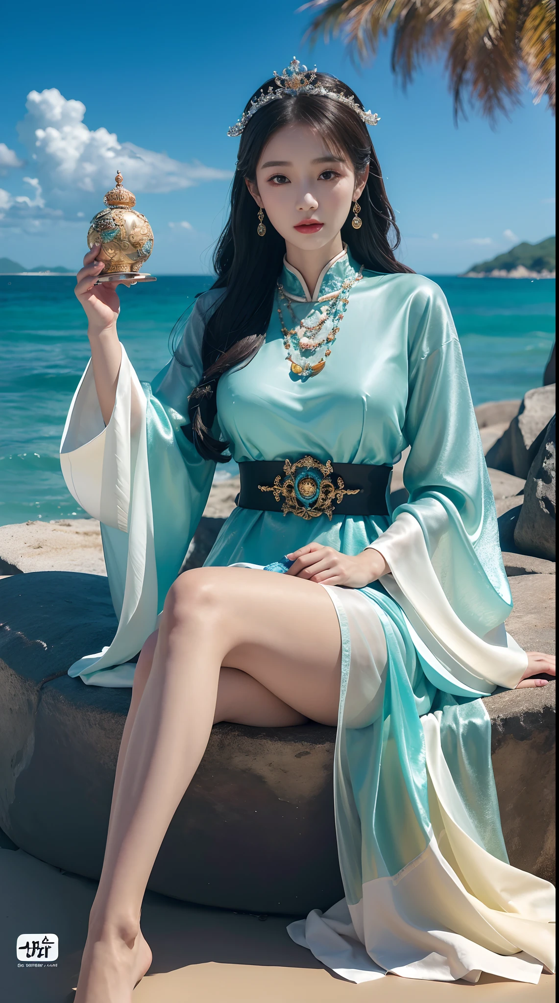 Il y avait une femme assise sur la plage, tenant une horloge, reine de la mer Mu Yanling, belle œuvre d&#39;art numérique, Art numérique 4K très détaillé, une belle impératrice fantastique, Art détaillé 8k de haute qualité, fantaisie belle, par Yang J., magnifique magnifique art numérique, Guviz, Oeuvre de style Guviz, bel art fantastique, fantaisie chinoise