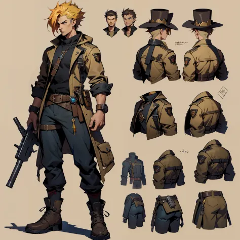 Close-up of a man in a gun suit，((character concept art)),((character design sheet, front view, side view, back view)),Maple Story character art,video game character design,crazy gunsmith,expert high-detail concept art,metalhead concept art,interesting cha...