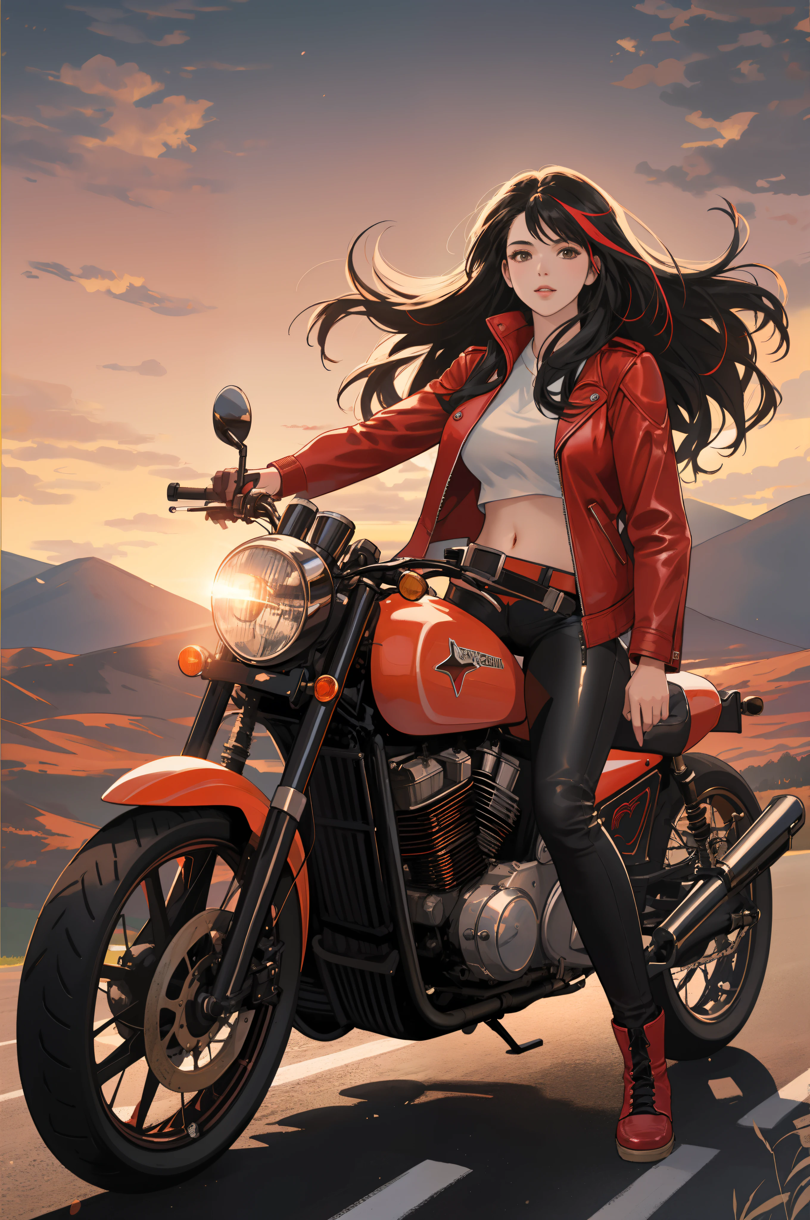 Anime girl on a motorcycle with a red jacket and black pants - SeaArt AI