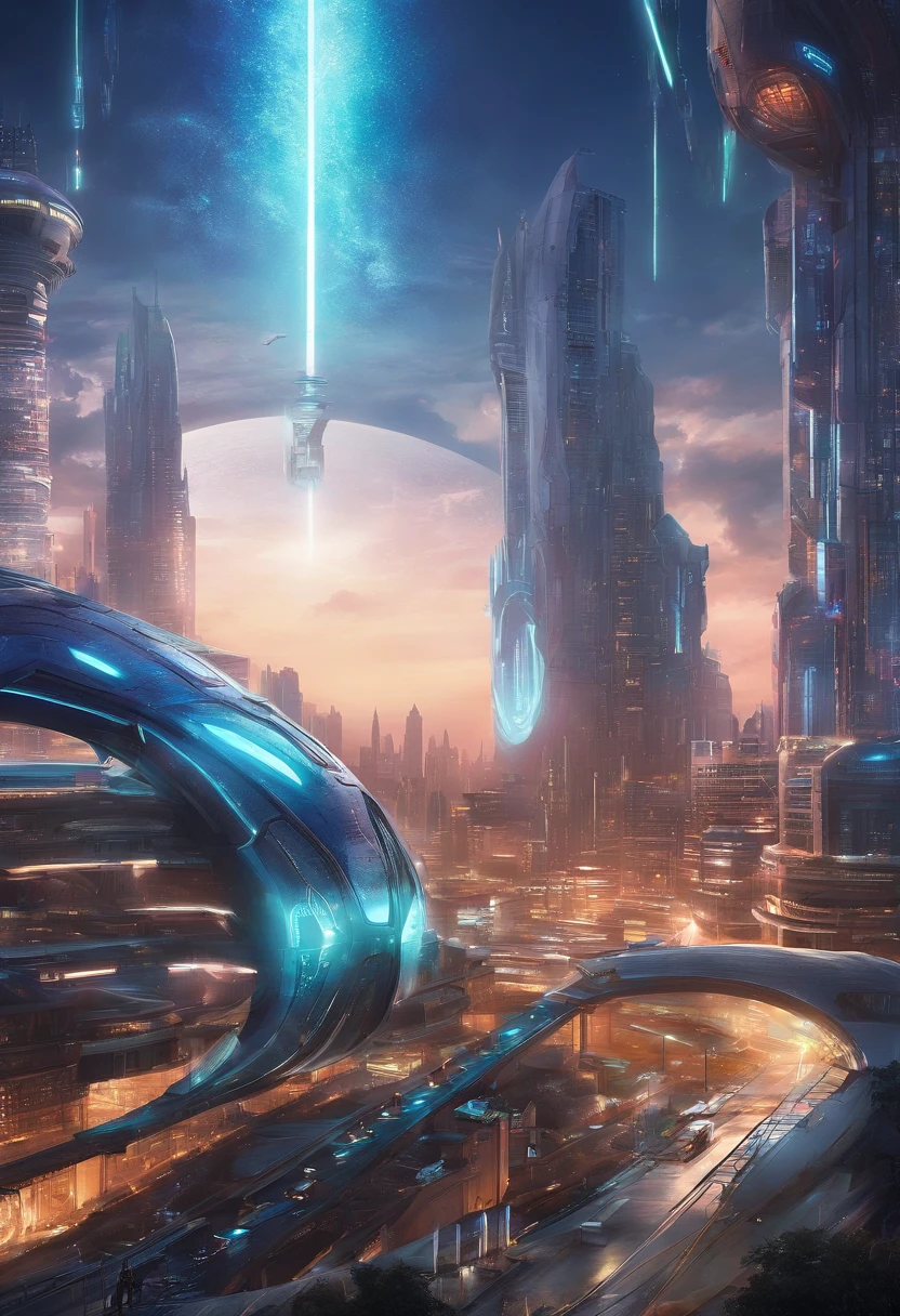 Una ciudad futurista con un tren futurista y edificios futuristas por la noche., Arte conceptual del futuro., Ciudad futurista de otro mundo, В Ciencia Ficción - Fi City, Una hermosa ciudad del futuro., ciudad utópica futurista, Arte conceptual con resolución 8K, arte conceptual en resolución 8K, ciudad del futuro, puerto espacial futurista, Arte Conceptual 8K, arte conceptual de ciencia ficción de hollywood