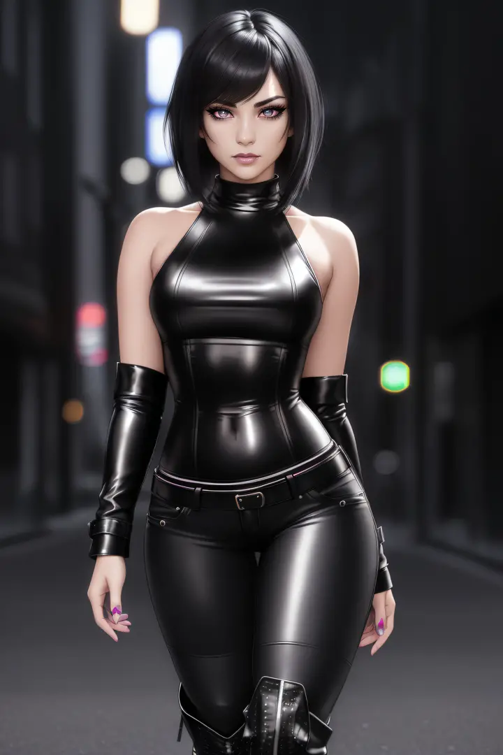 beautiful girl, ((standing:1.4)), (confident gaze:1.1), full body, short bright neon streaked black hair, ((large light realisti...